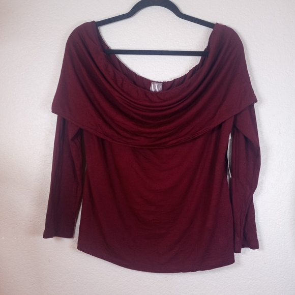 Worthington Burgundy Draped Off Shoulder Cowl Neck Long Sleeve Boho Casual Shirt - Picture 2 of 8
